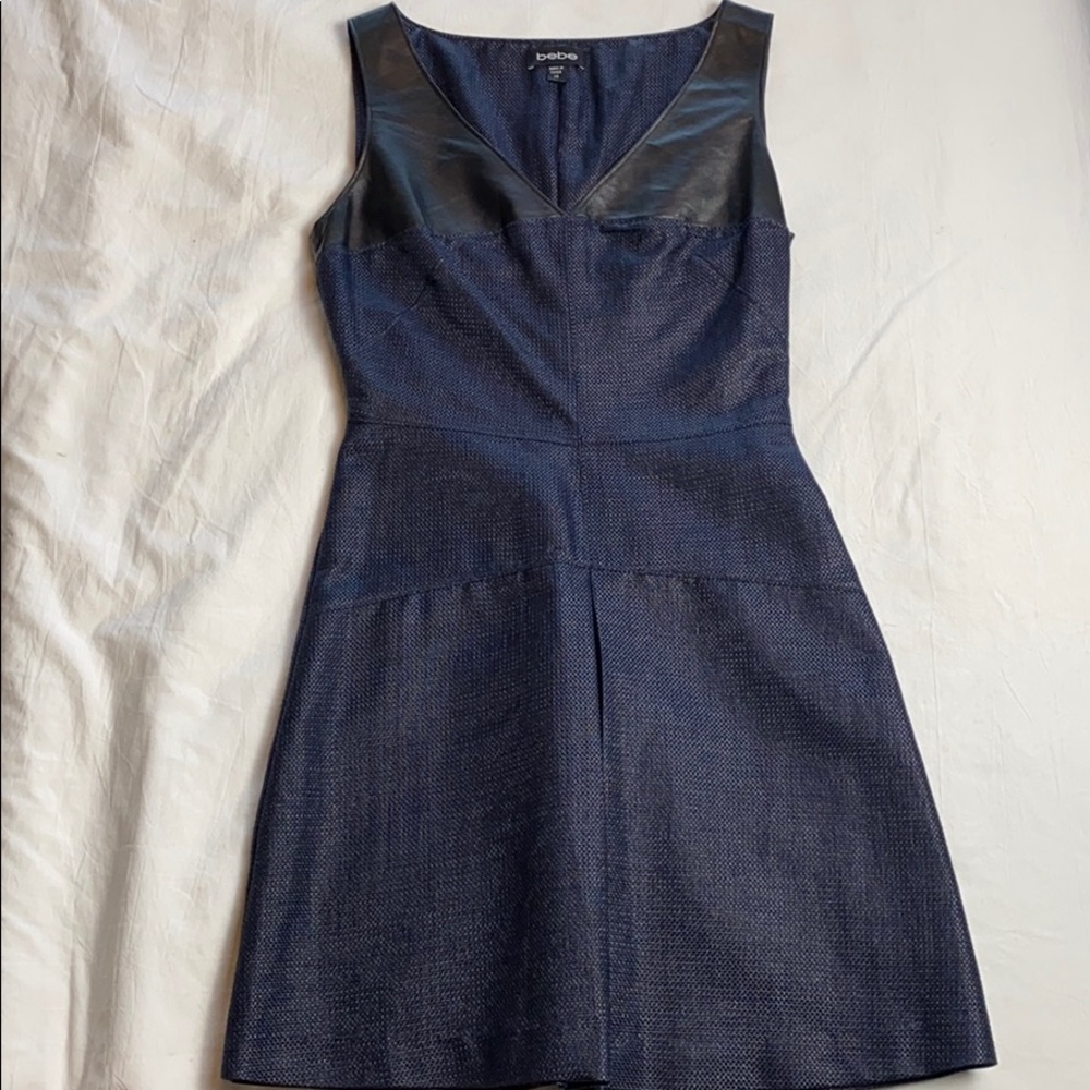 Bebe navy blue and black leather dress